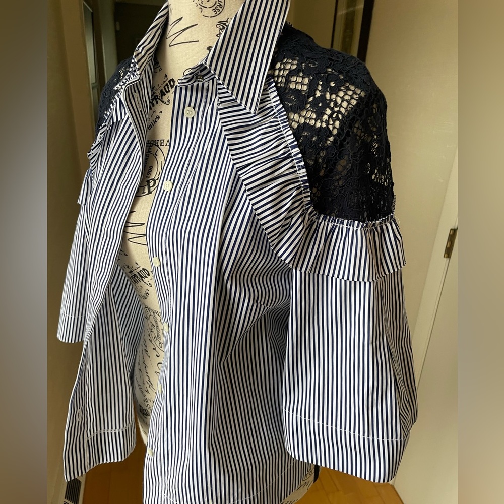 PINKO Felicity Camicia Popline Striped Button Down Blouse with Lace size 4 US